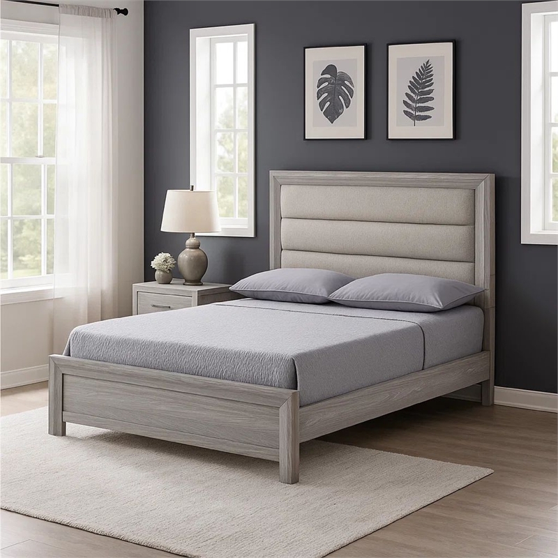 Benjara Laide King Bed with Channel Tufted Upholstered Headboard- Driftwood Gray
