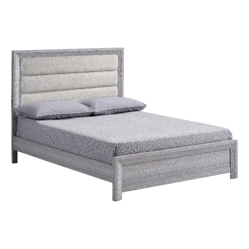 Benjara Laide King Bed with Channel Tufted Upholstered Headboard- Driftwood Gray