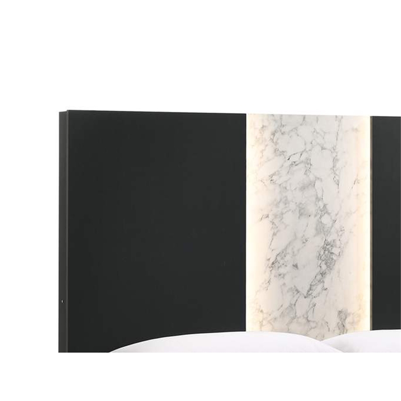 Benjara Amey King Panel Bed- Built In Light- White Marble Trim- Black Wood