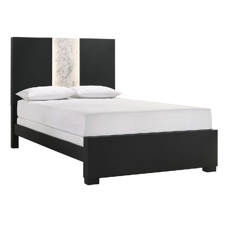 Benjara Amey King Panel Bed- Built In Light- White Marble Trim- Black Wood
