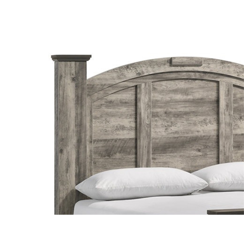 Benjara Elaya King Panel Bed- Arched Crown Headboard- Weathered Gray Wood