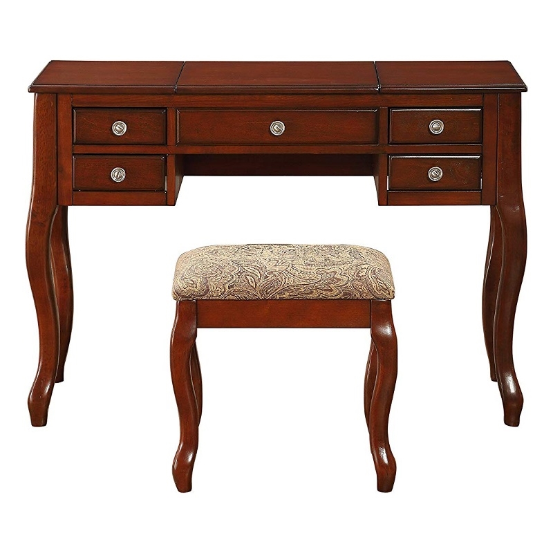 Benjara Cherub Vanity Set Featuring Stool and Flip-Up Mirror Cherry Brown