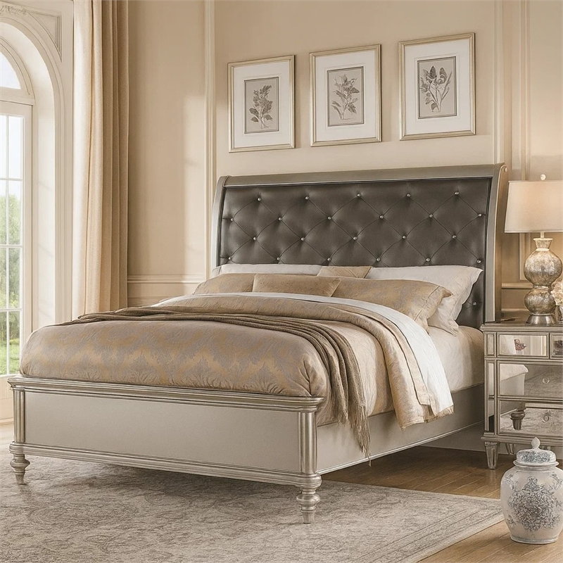 Benjara Opulent Wooden E.King Bed With Silver PU Tufted HB- Shinny Silver Finish