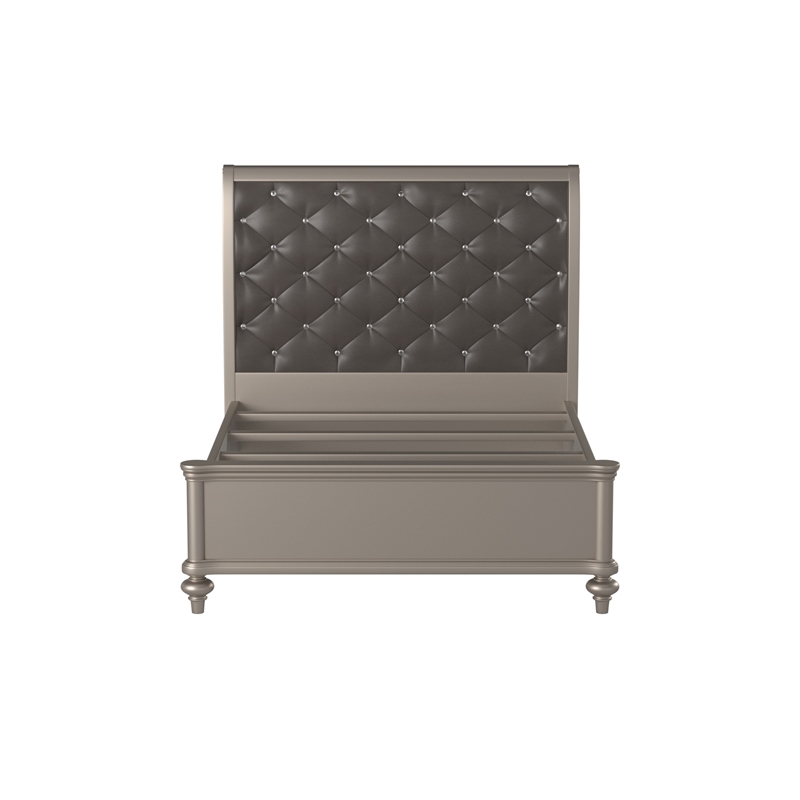 Benjara Opulent Wooden Queen Bed With Silver PU Tufted HB- Shinny Silver Finish
