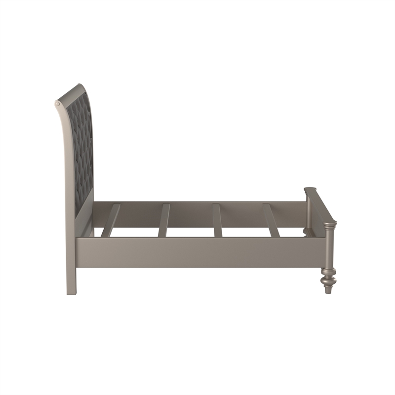 Benjara Opulent Wooden Queen Bed With Silver PU Tufted HB- Shinny Silver Finish