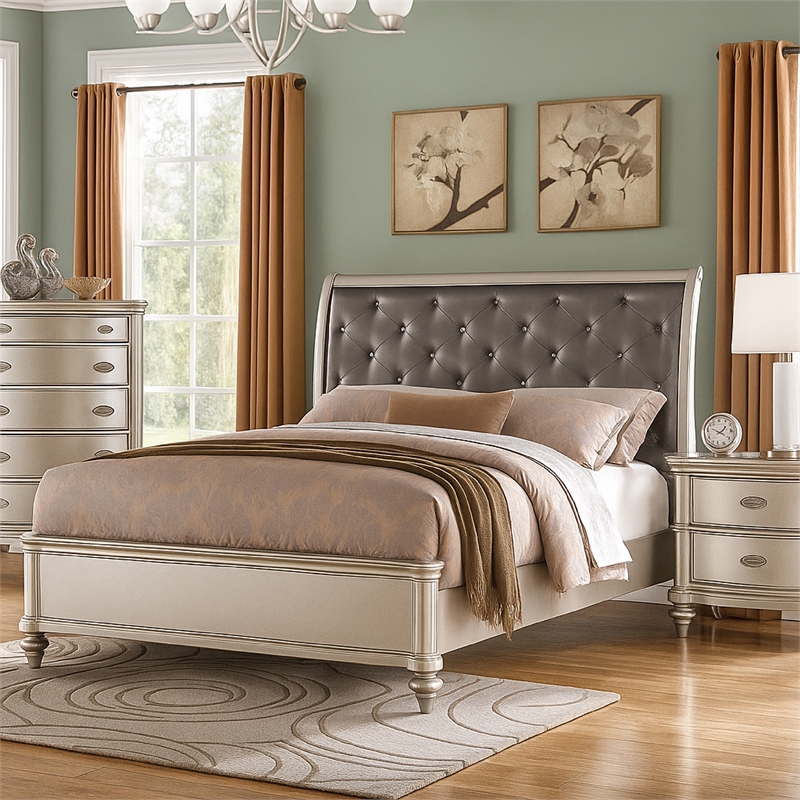Benjara Opulent Wooden Queen Bed With Silver PU Tufted HB- Shinny Silver Finish