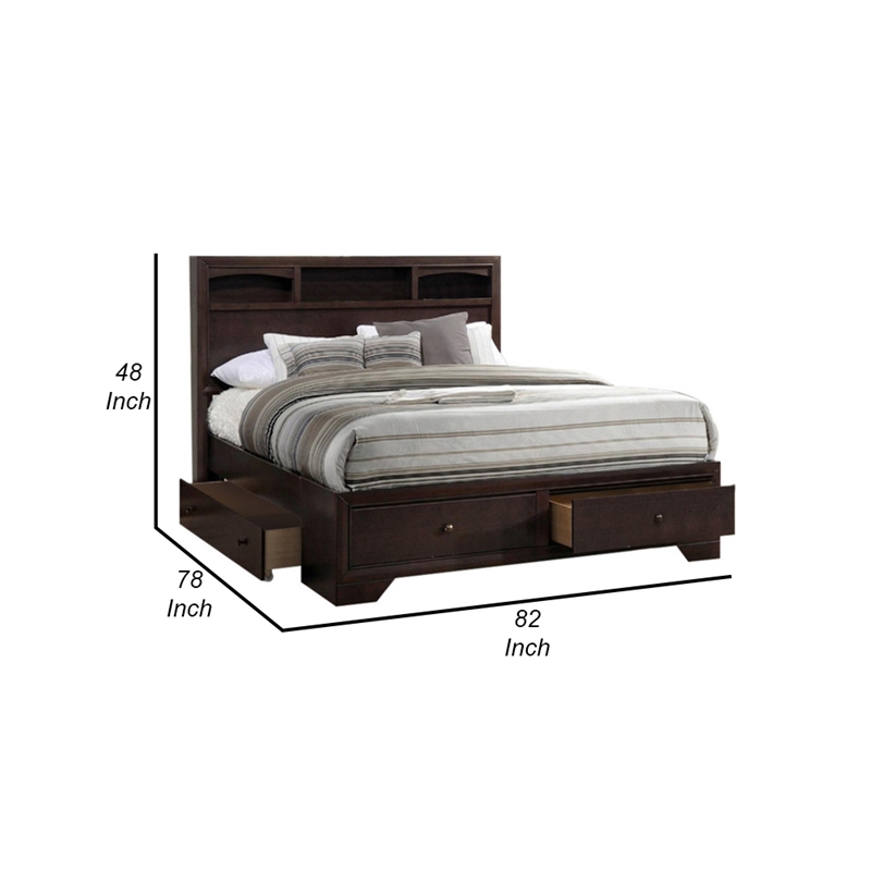Benjara Wooden Eastern King Bed w/Display Shelves & Under Bed Drawers-Dark Brown