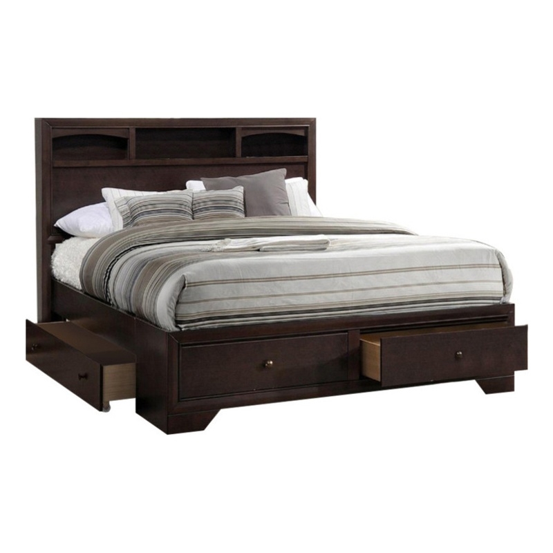 Benjara Wooden Eastern King Bed w/Display Shelves & Under Bed Drawers-Dark Brown