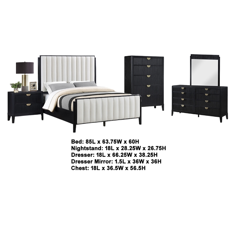 Benjara Jack 5pc Queen Bedroom Set- Black/Vertical Tufted Ivory Upholstery