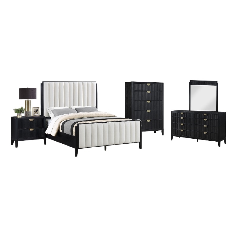 Benjara Jack 5pc Queen Bedroom Set- Black/Vertical Tufted Ivory Upholstery