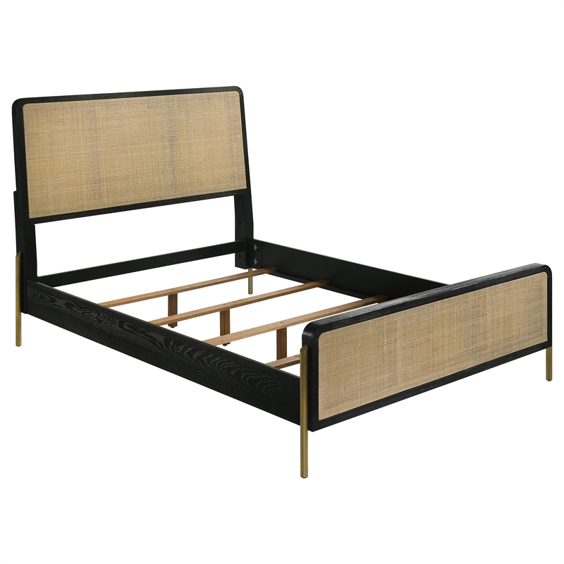 Benjara Fij 4pc Queen Bedroom Set w Round Mirror- Natural Brown Rattan- Black