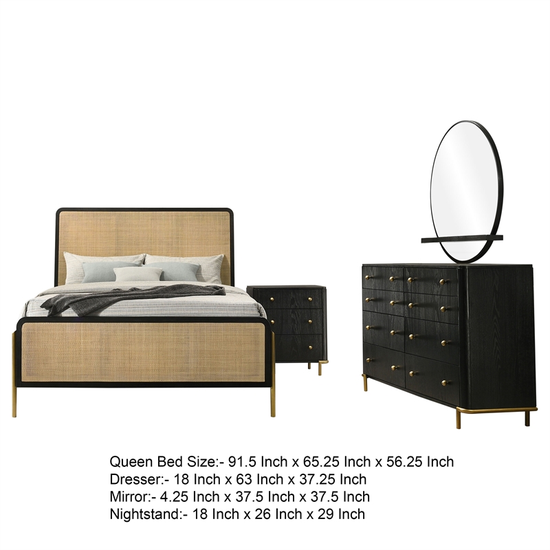 Benjara Fij 4pc Queen Bedroom Set w Round Mirror- Natural Brown Rattan- Black