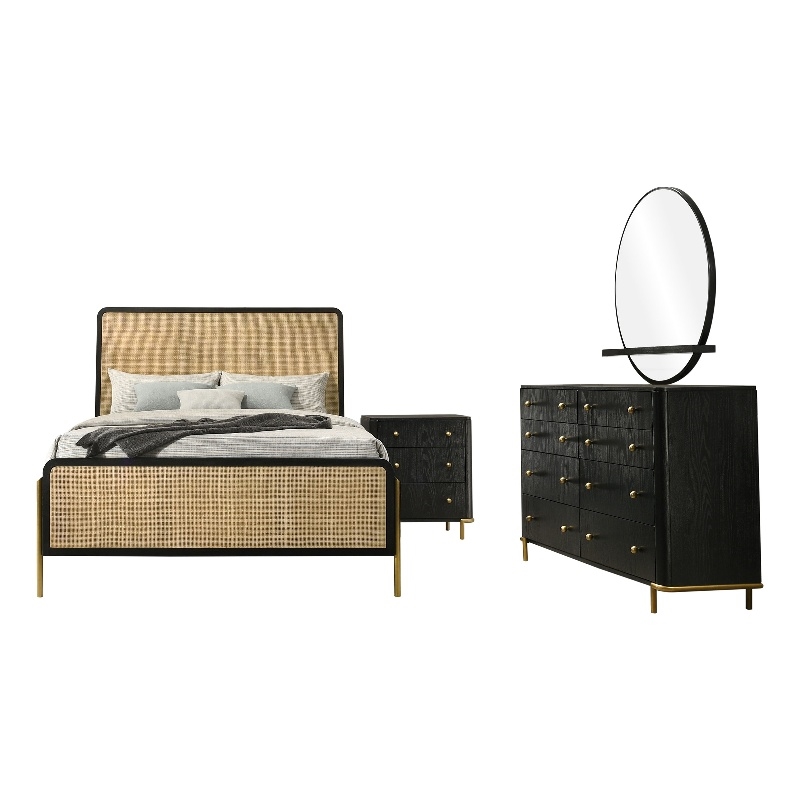 Benjara Fij 4pc Queen Bedroom Set w Round Mirror- Natural Brown Rattan- Black