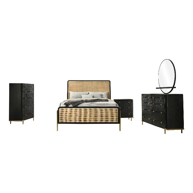Benjara Fij 5pc Queen Bedroom Set w Round Mirror- Natural Brown Rattan- Black