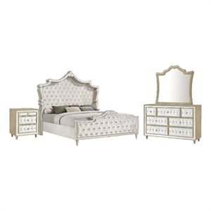 Benjara Lino 4 Piece Queen Bedroom Set- Classic Ivory White Velvet Upholstery