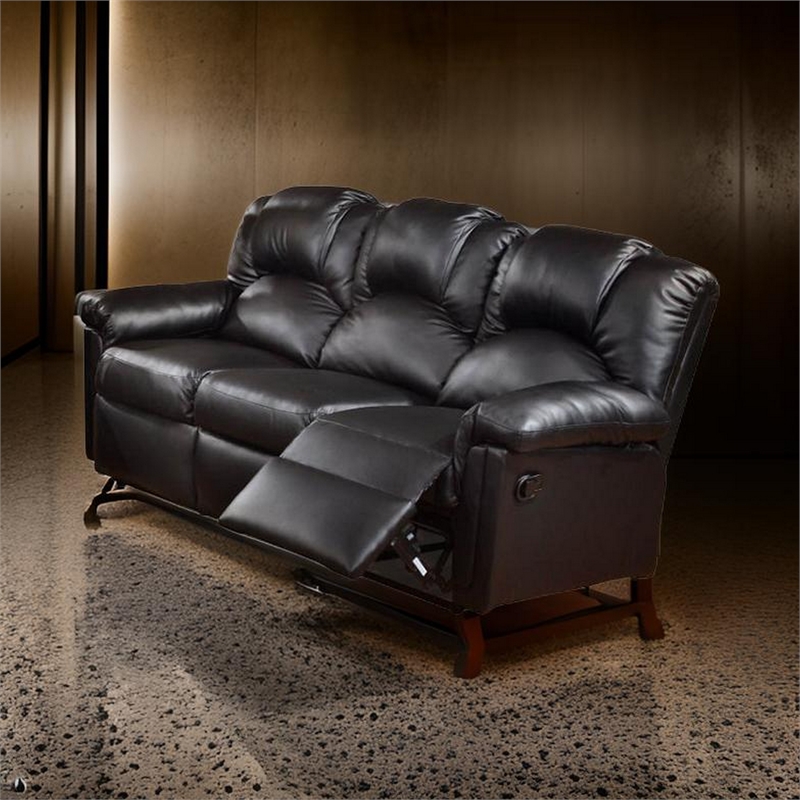 Benjara Highly Plush Hardwood- Metal & Bonded Leather Recliner Sofa- Black