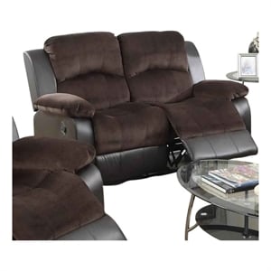 Benjara Padded Suede Faux Leather Reclining Loveseat- Brown