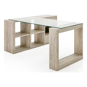 Benjara Noe Mali L Shaped Desk- Faux Travertine- 4 Shelves- 63&quot Glass Top