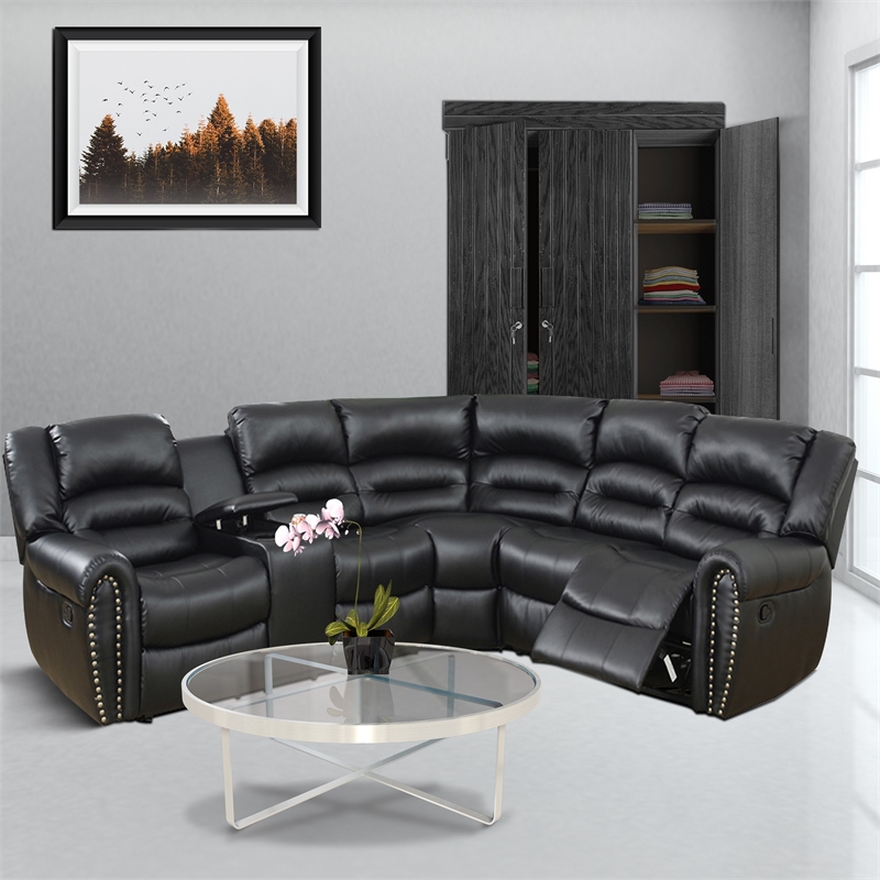 Benjara 3 PC Bonded Leather Upholstered Reclining Sectional with Console- Black