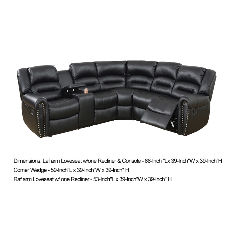 Benjara 3 PC Bonded Leather Upholstered Reclining Sectional with Console- Black