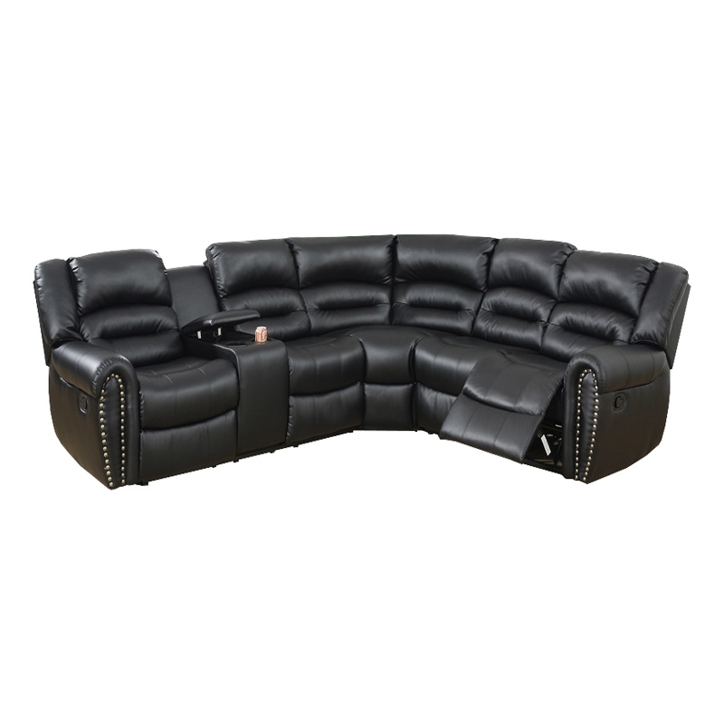 Benjara 3 PC Bonded Leather Upholstered Reclining Sectional with Console- Black