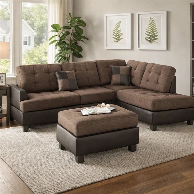 Benjara Polyfiber 3 Pieces Sectional Set In Choco Brown