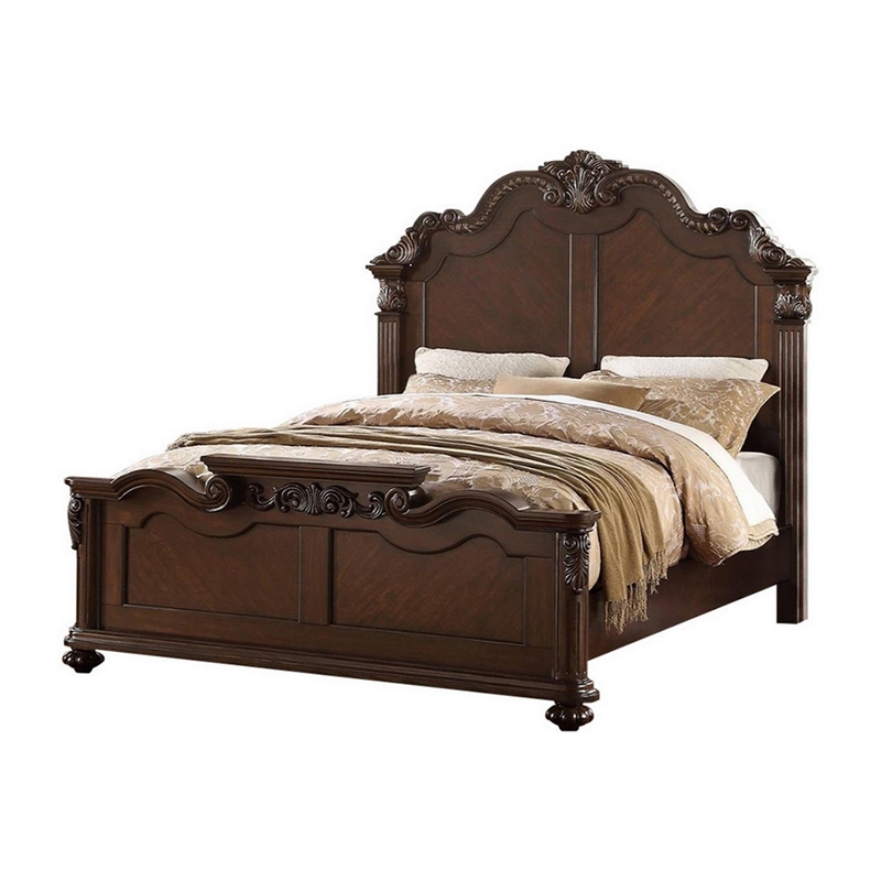 Benjara Splendidly Carved E.King Wooden Bed- Dark Walnut And Veneer Finish