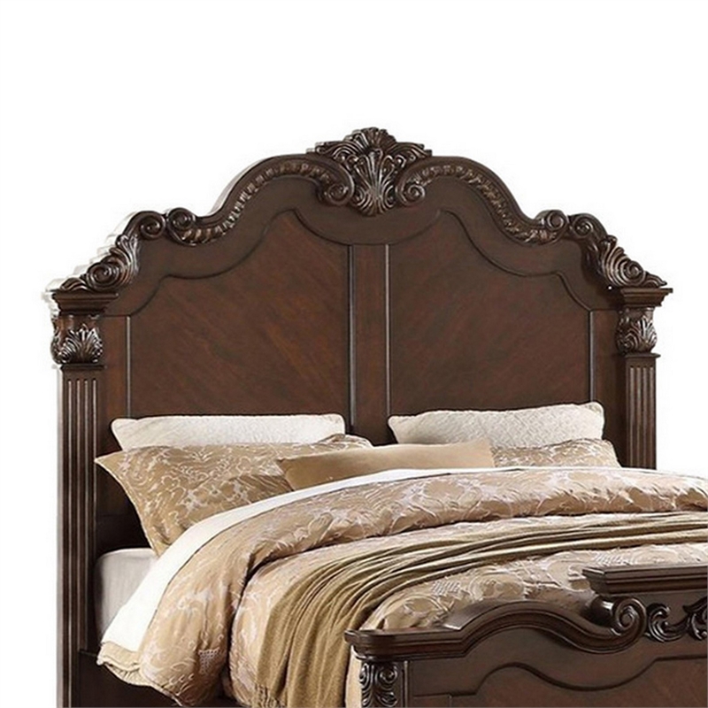 Benjara Splendidly Carved E.King Wooden Bed- Dark Walnut And Veneer Finish