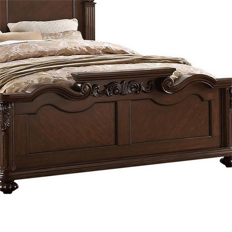 Benjara Splendidly Carved E.King Wooden Bed- Dark Walnut And Veneer Finish