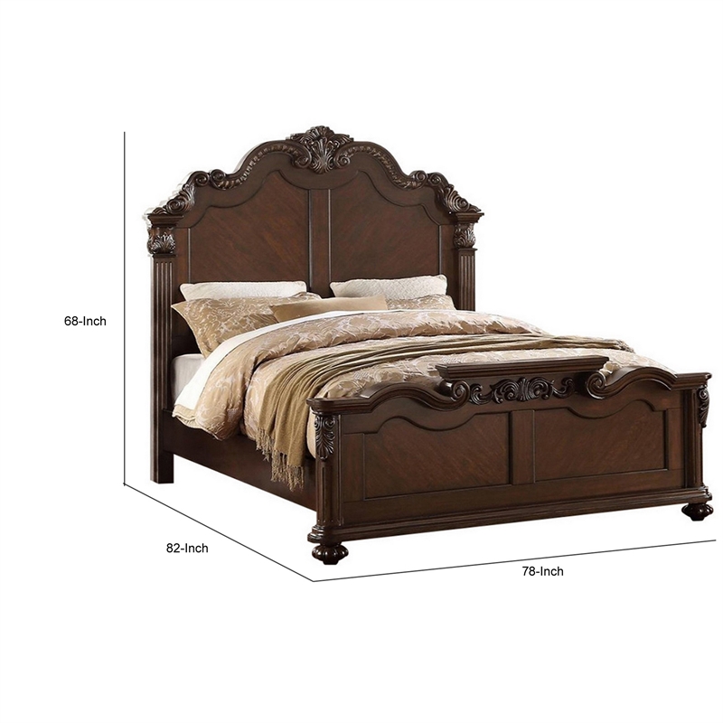 Benjara Splendidly Carved E.King Wooden Bed- Dark Walnut And Veneer Finish