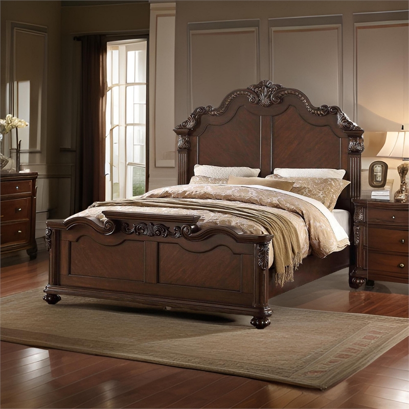 Benjara Splendidly Carved E.King Wooden Bed- Dark Walnut And Veneer Finish