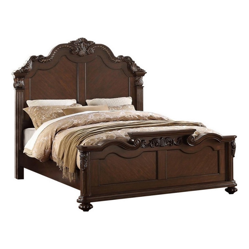 Benjara Splendidly Carved E.King Wooden Bed- Dark Walnut And Veneer Finish