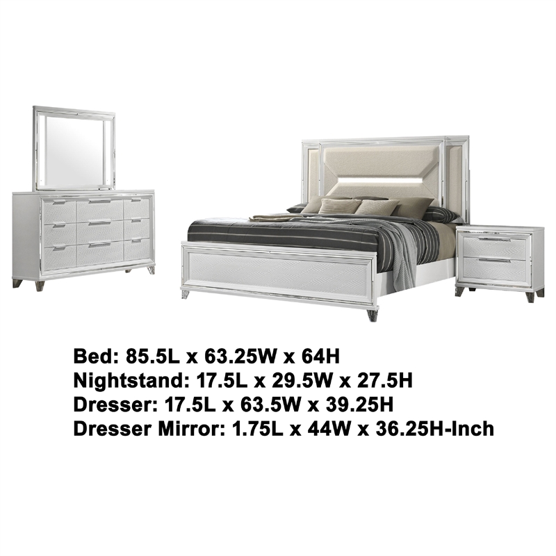 Benjara Mory 4pc Queen Bedroom Set- Herringbone Pattern- LED- White Wood