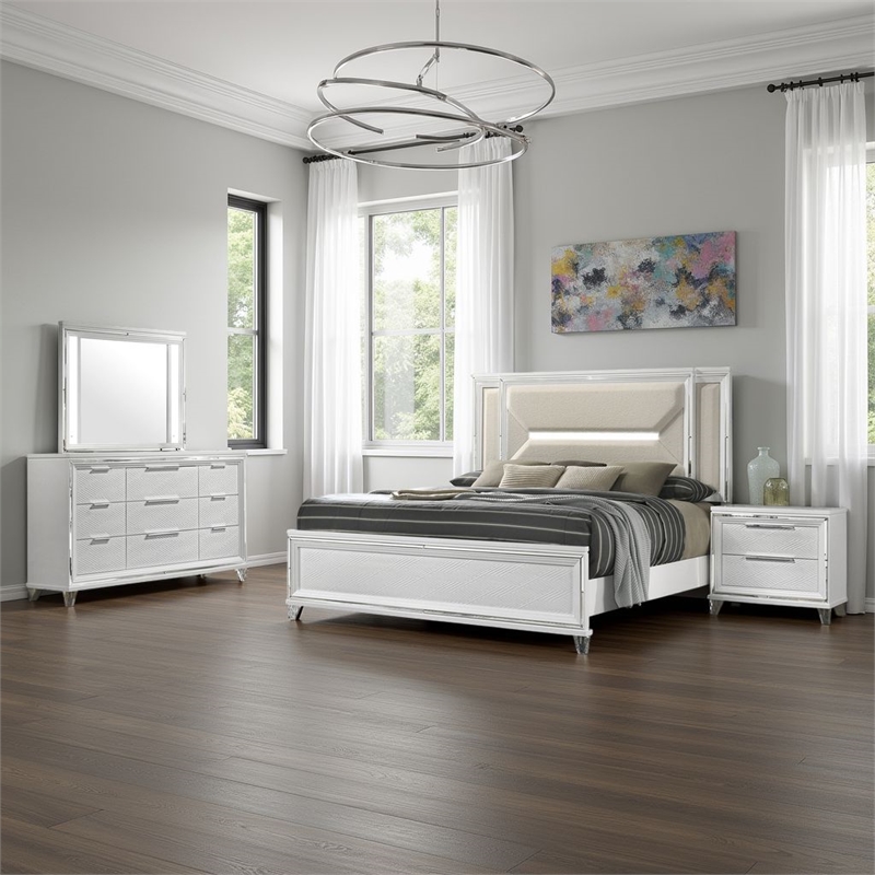 Benjara Mory 4pc Queen Bedroom Set- Herringbone Pattern- LED- White Wood