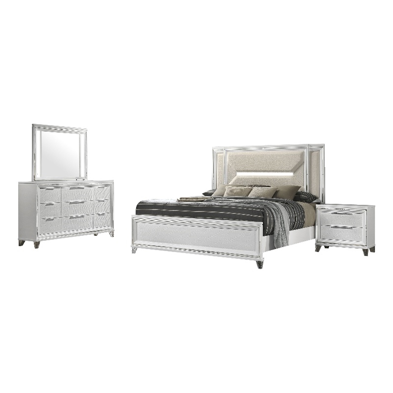 Benjara Mory 4pc Queen Bedroom Set- Herringbone Pattern- LED- White Wood