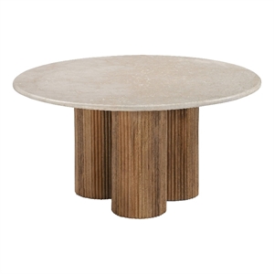 Benjara 27&quot Cid Den Coffee Table- Brown Wood- Round Botticino Marble Top