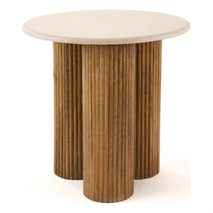 Benjara 20&quot Cid Den End Table- Brown Wood- Round Botticino Marble Top