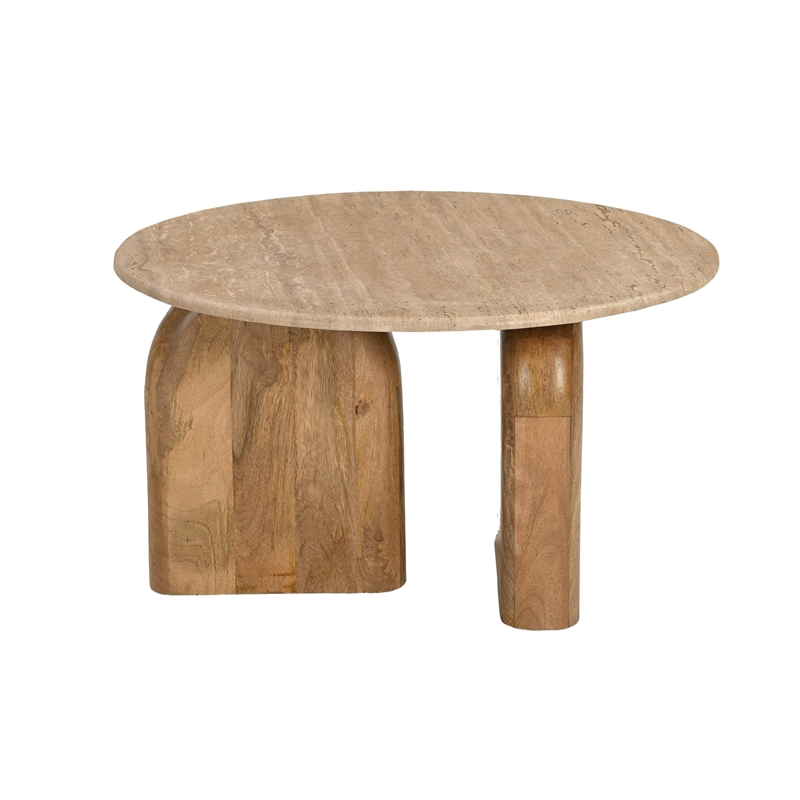 Benjara Cid Elis End Table- Beige Marble- Solid Wood Frame- Round 30