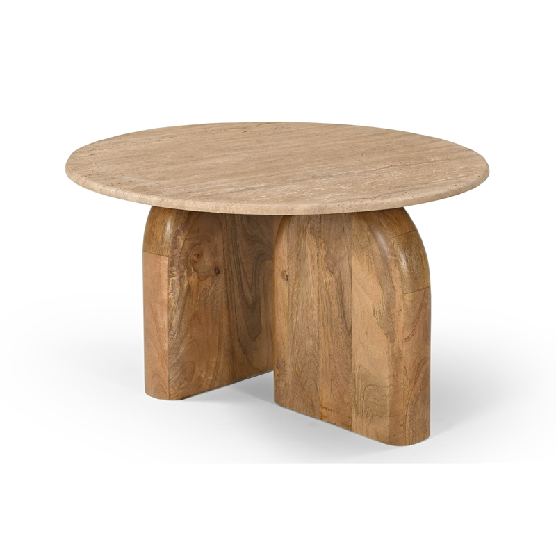 Benjara Cid Elis End Table- Beige Marble- Solid Wood Frame- Round 30