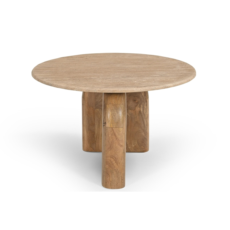 Benjara Cid Elis End Table- Beige Marble- Solid Wood Frame- Round 30
