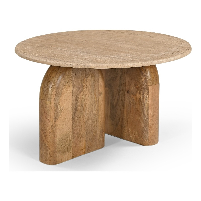 Benjara Cid Elis End Table- Beige Marble- Solid Wood Frame- Round 30