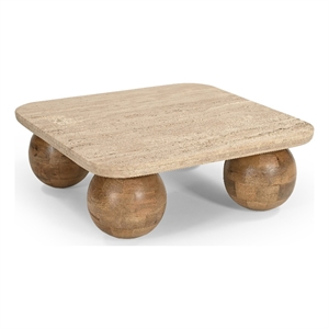 Benjara Cid Drift Coffee Table- Square 36&quot Beige Marble Top- Brown Solid Wood
