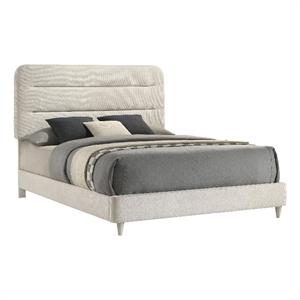 Benjara Meni Queen Size Bed- Scandinavian White Upholstery- Panel Headboard