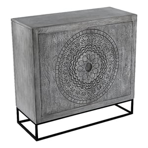 Benjara Zera 39&quot Accent Cabinet w/ 2 Doors in Gray Mango Wood/ Black Iron Framed