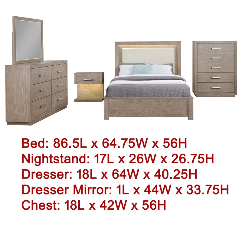 Benjara Keno 5pc Queen Bedroom Set- Underbed Storage- LED- Beige Upholstered