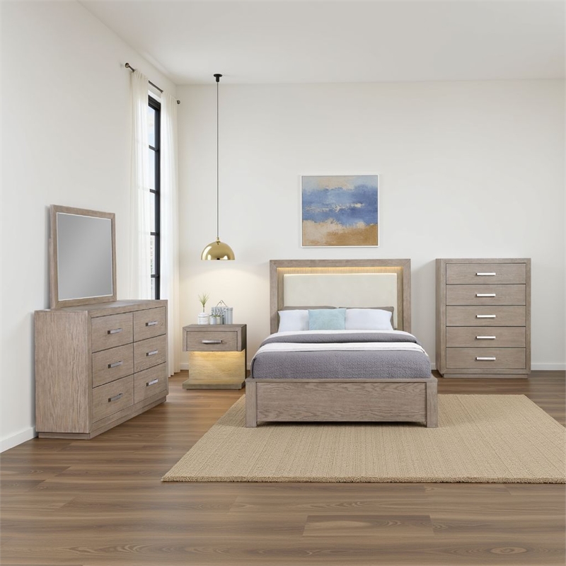 Benjara Keno 5pc Queen Bedroom Set- Underbed Storage- LED- Beige Upholstered