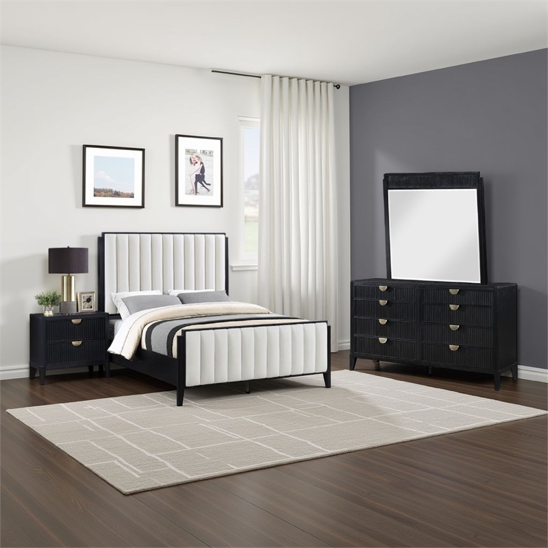 Benjara Jack 4pc Queen Bedroom Set- Black/Vertical Tufted Ivory Upholstery