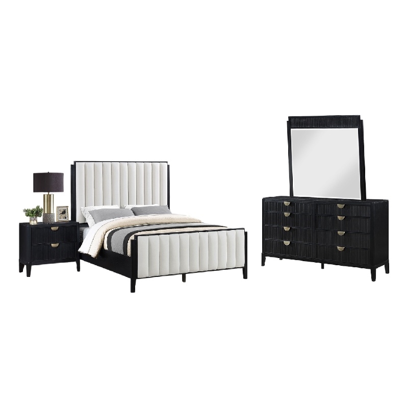 Benjara Jack 4pc Queen Bedroom Set- Black/Vertical Tufted Ivory Upholstery