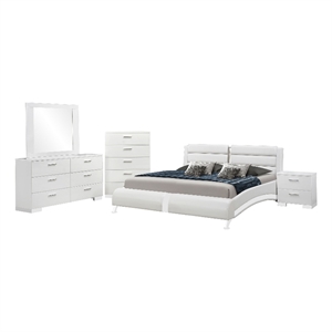 Benjara Zor 5pc King Bedroom Set- Bed- White Faux Leather and Chrome Accents