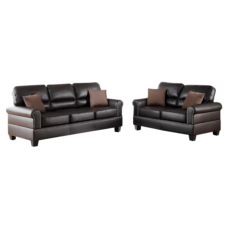 Benjara 2 Pc Sofa and Loveseat Set- Espresso Brown Faux Leather- Nailhead Trim